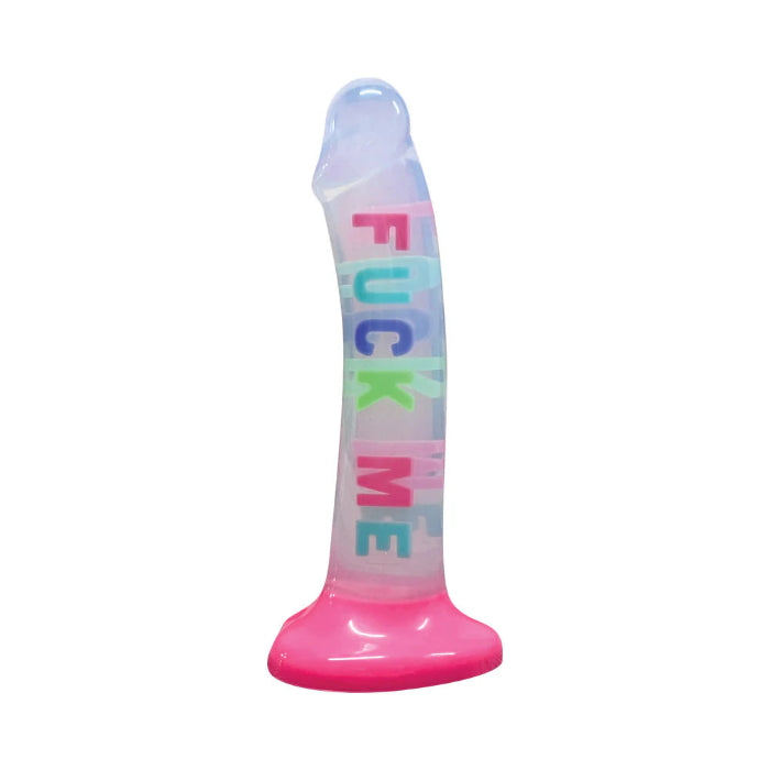 Cotton Candy Dirty Talk Fuck Me Print Harnessable Silicone Dildo With Suction Cup