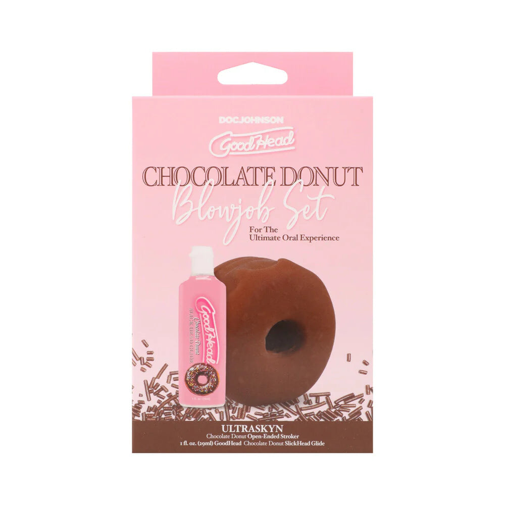 Doc Johnson GoodHead Chocolate Donut Blowjob Set With Open-Ended Stroker And Flavored Slick Head Glide