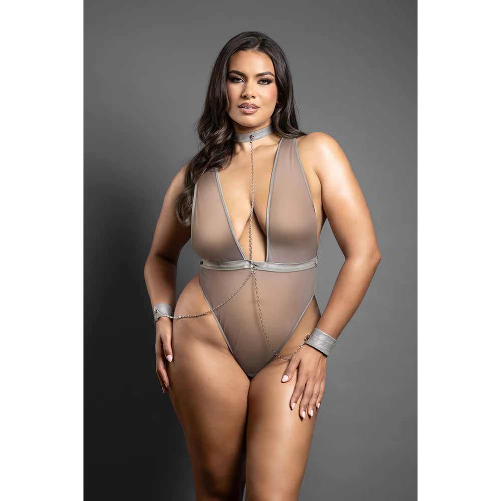 Fantasy Lingerie Domina Crotchless Plunge Teddy with Chain-Link Choker & Detachable Cuffs