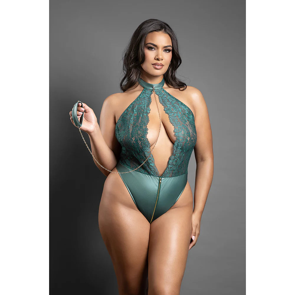 Fantasy Lingerie Domina Keyhole Halter Teddy with Detachable Chain-Link Leash