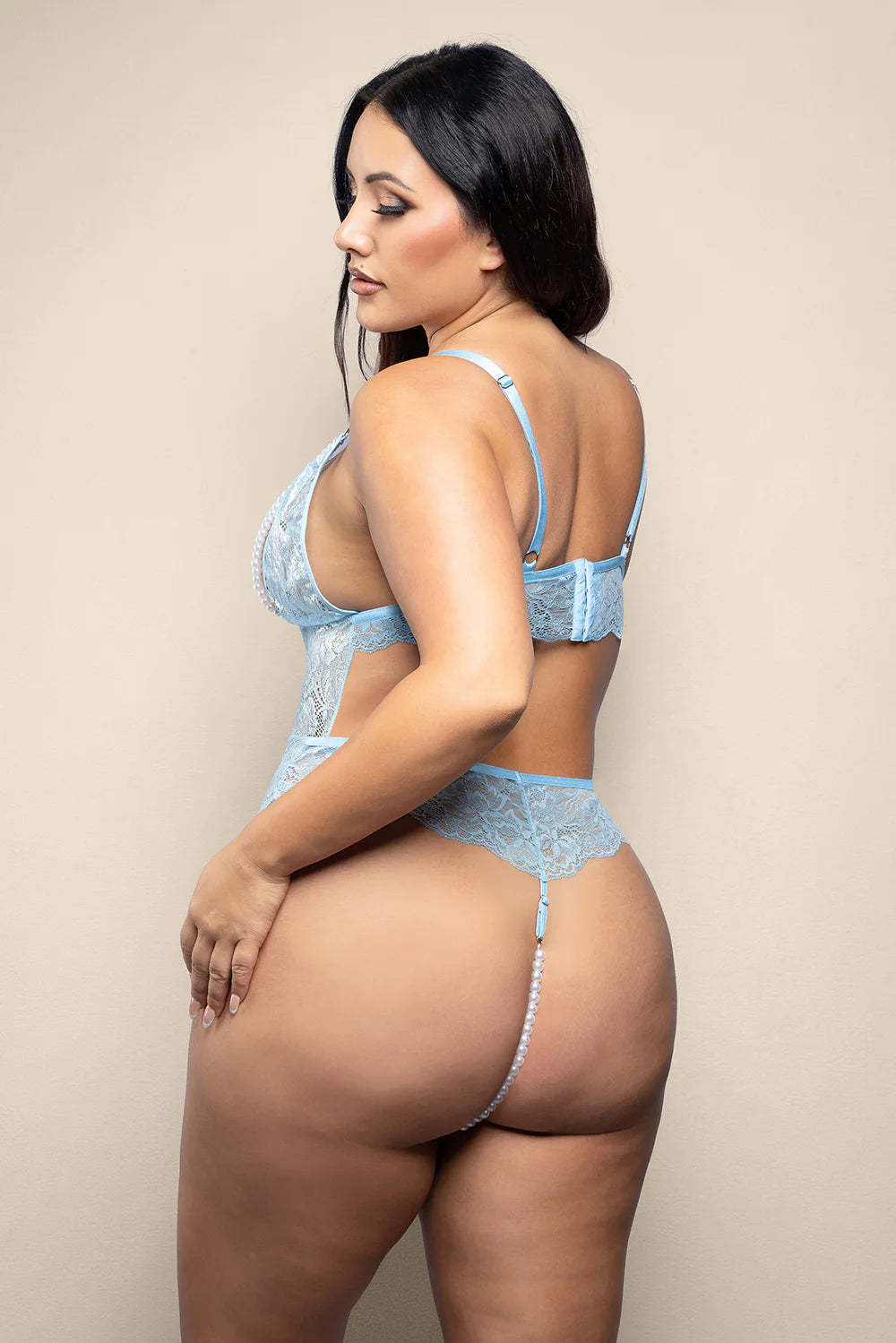 Fantasy Lingerie Opulence Split Pearl Cup Open-Back Teddy with Stimulating Pearl String Crotch