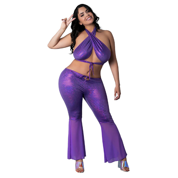 Magic Silk Disco Glimmer Wrap Halter & Flair Pant Set