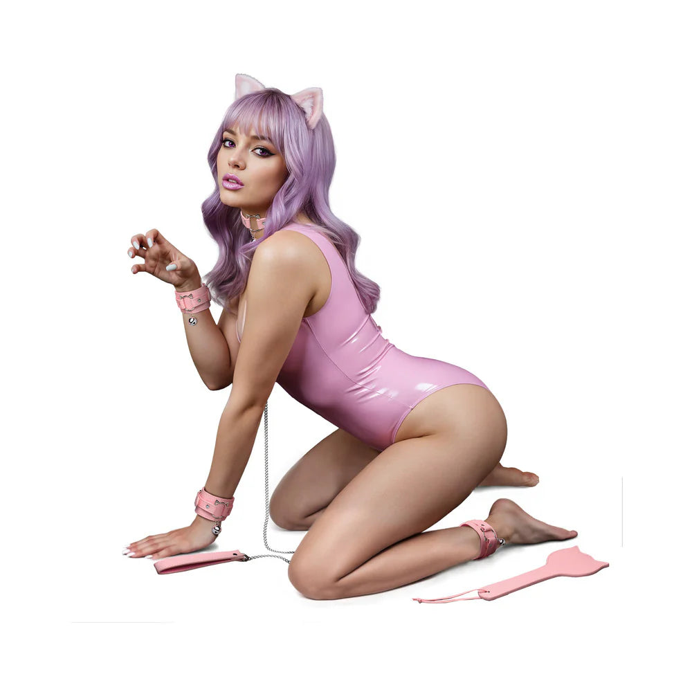 Master Series Kitty Themed Bondage Set With Cuffs Collar Leash And Paddle