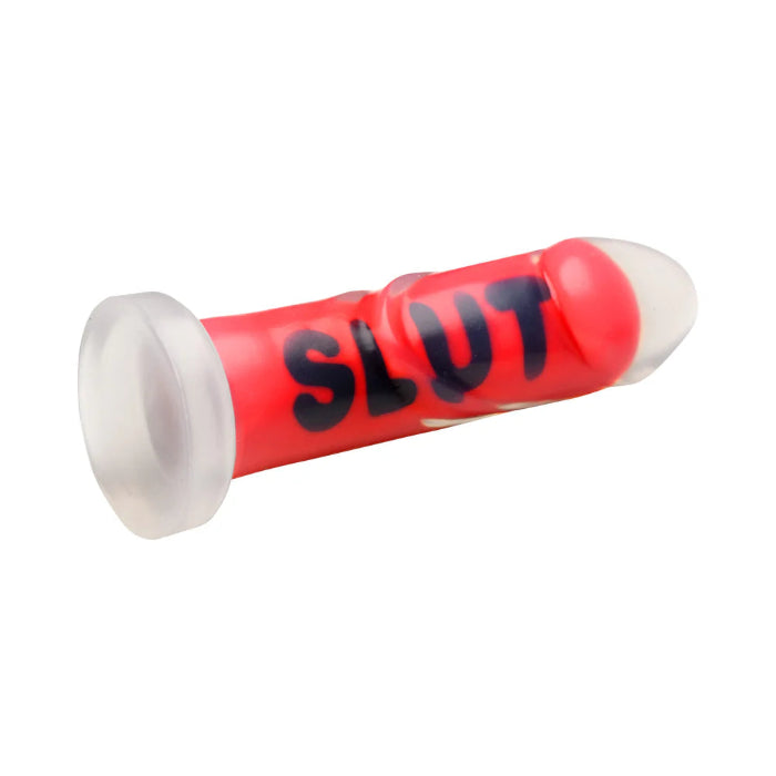 Master Series SLUT Print Silicone Girthy Harnessable Dildo With Suction Cup