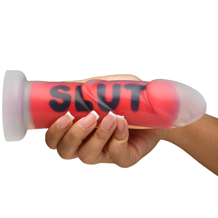 Master Series SLUT Print Silicone Girthy Harnessable Dildo With Suction Cup