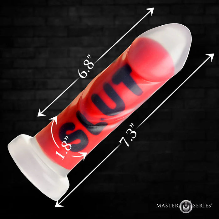 Master Series SLUT Print Silicone Girthy Harnessable Dildo With Suction Cup