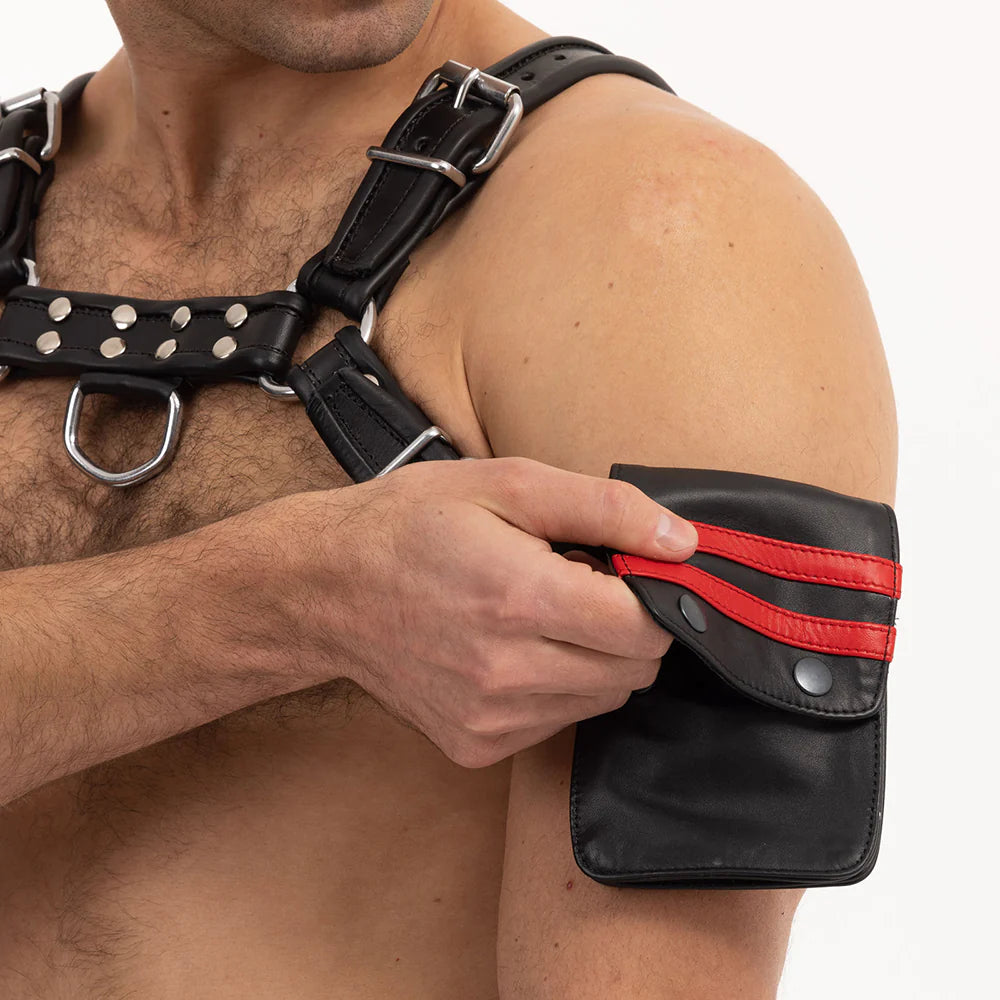 Prowler RED Leather Hands-Free Belt Or Bicep Striped Pouch