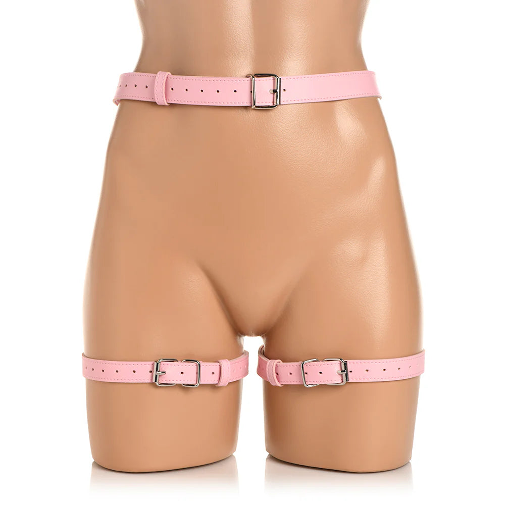 STRICT Bondage Adjustable Vegan Leather Body Harness And Wrist Cuffs with Bow Accent