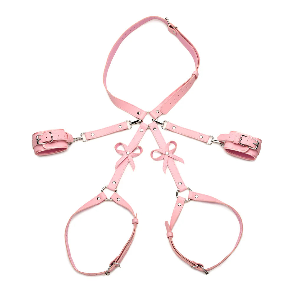 STRICT Bondage Adjustable Vegan Leather Body Harness And Wrist Cuffs with Bow Accent