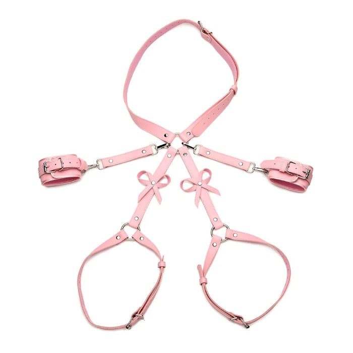 STRICT Bondage Adjustable Vegan Leather Body Harness And Wrist Cuffs with Bow Accent