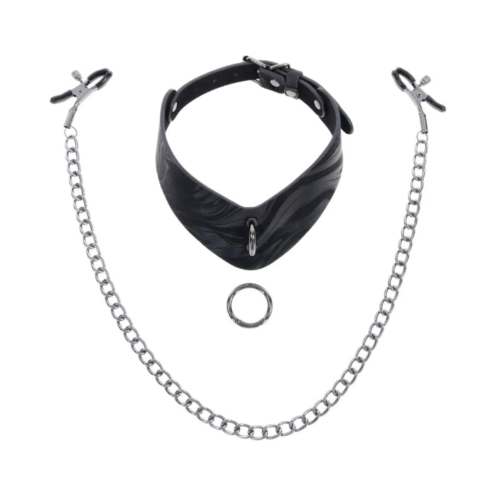 Sportsheets Velvet Noir Collar & Removable Adjustable Tension Broad Tip Nipple Clamps