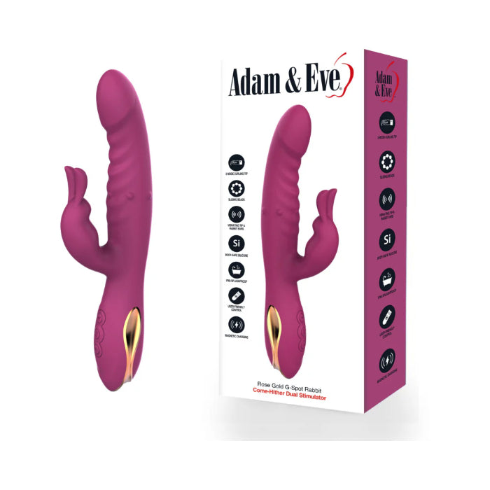 Adam & Eve Rose Gold G-Spot Rabbit Rechargeable Vibrating Textured Dual Stimulator With Come Hither Motion And Beaded Ring Stimulator