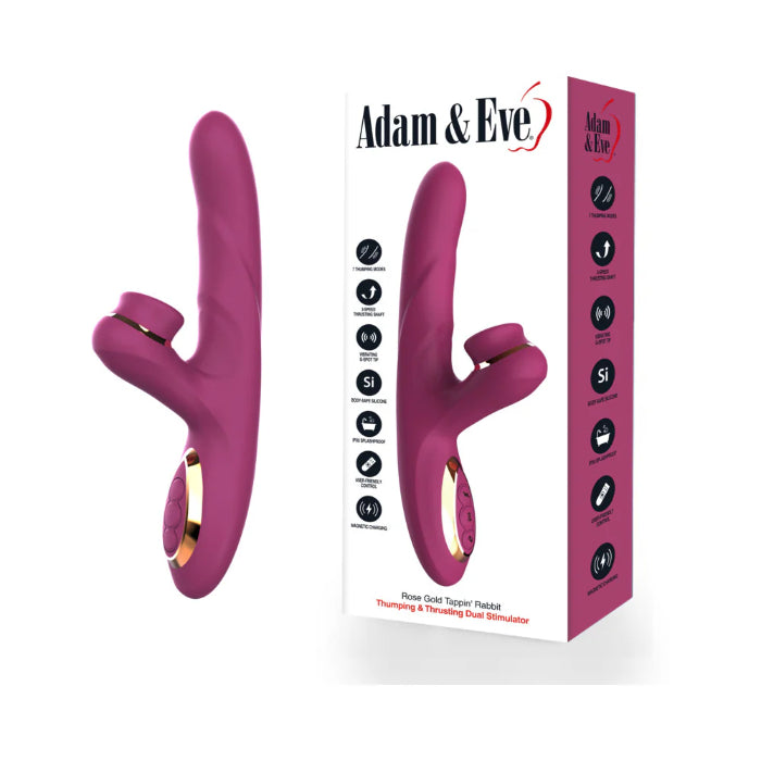 Adam & Eve Rose Gold Tappin' Rabbit Curved Thrusting Rechargeable Vibrating Rabbit Style Stimulator With Tapping External Stimulator