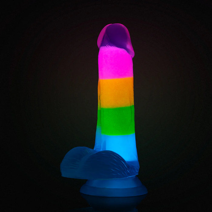 Blush Neo Elite Glow-in-the-Dark Rainbow Rave Silicone Dual Density Harnessable Dildo With Suction Cup