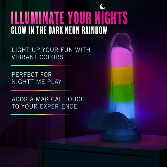 Blush Neo Elite Glow-in-the-Dark Rainbow Rave Silicone Dual Density Harnessable Dildo With Suction Cup