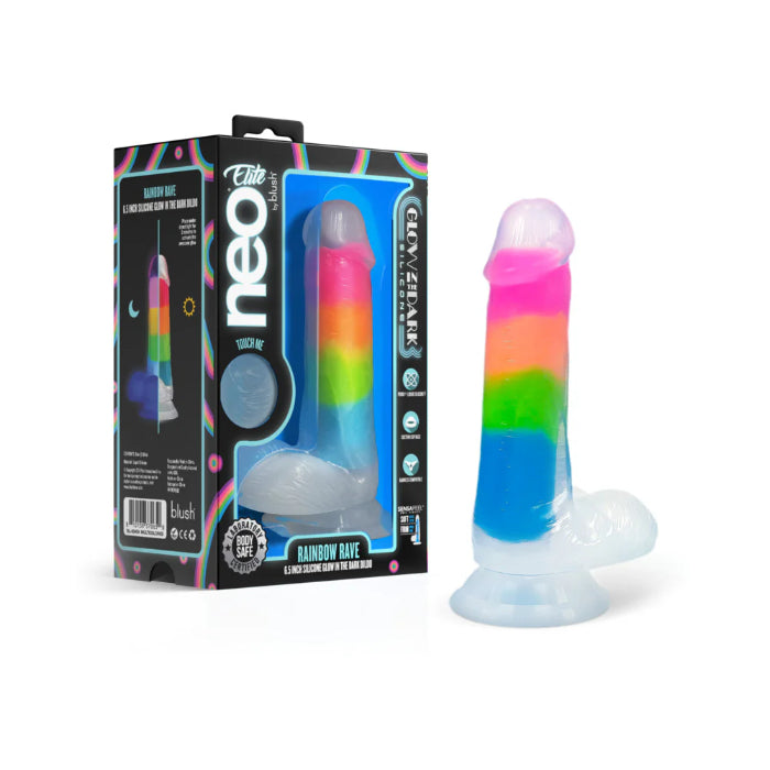 Blush Neo Elite Glow-in-the-Dark Rainbow Rave Silicone Dual Density Harnessable Dildo With Suction Cup