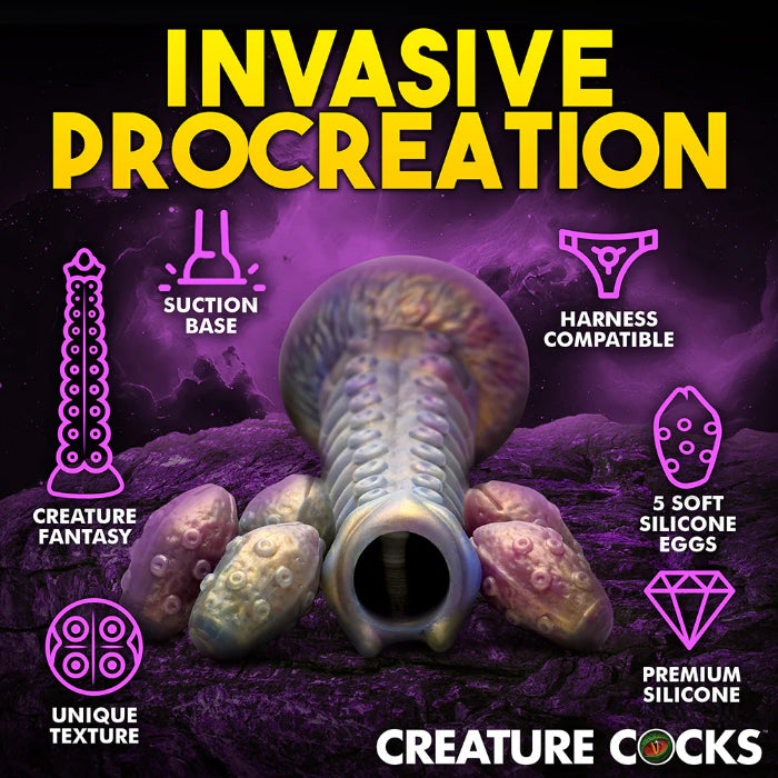 Creature Cocks Deep Invader Tentacle Textured Extra Large Ovipositor Fantasy Shaped Harnessable Dildo with Silicone Eggs