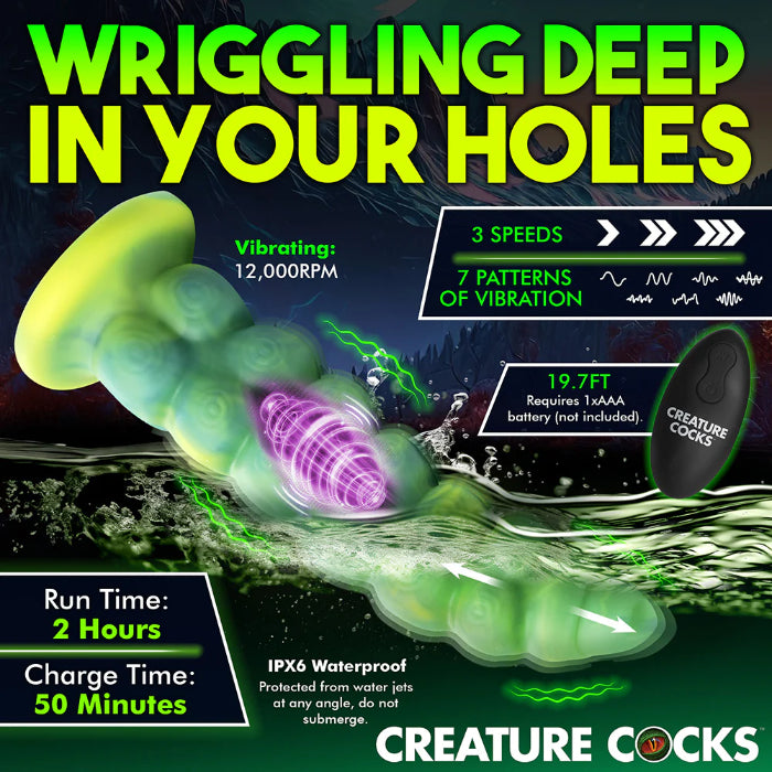 Creature Cocks Squirmer Remote Control Thrusting And Vibrating Silicone Fantasy Shaped Harnessable Dildo With Suction Cup