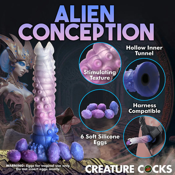 Creature Cocks Tenta-Queen Silicone Ovipositor Dildo Tentacle Textured Fantasy Shaped Harnessable Silicone Dildo with Silicone Eggs