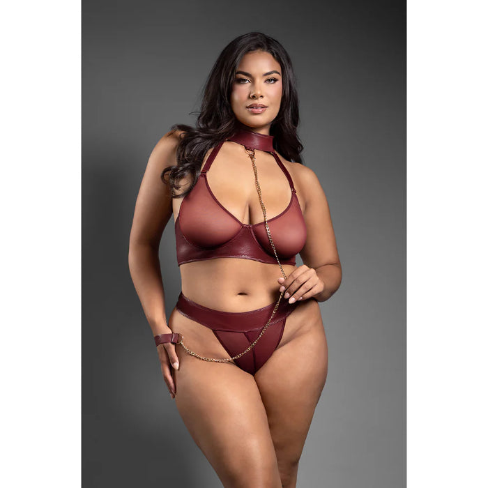 Fantasy Lingerie Domina Embossed Faux Leather Convertible Bra with Chain Leash & Open Panty