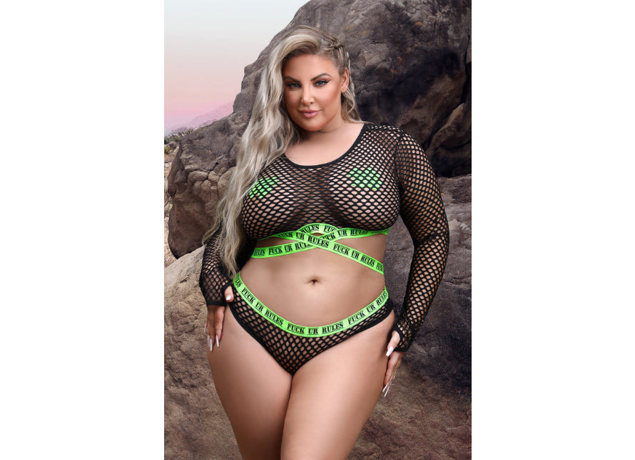 Fantasy Lingerie Fuck Ur Rules Long Sleeve Fishnet Top & Panty with UV Reactive Elastic and Cross Pasties