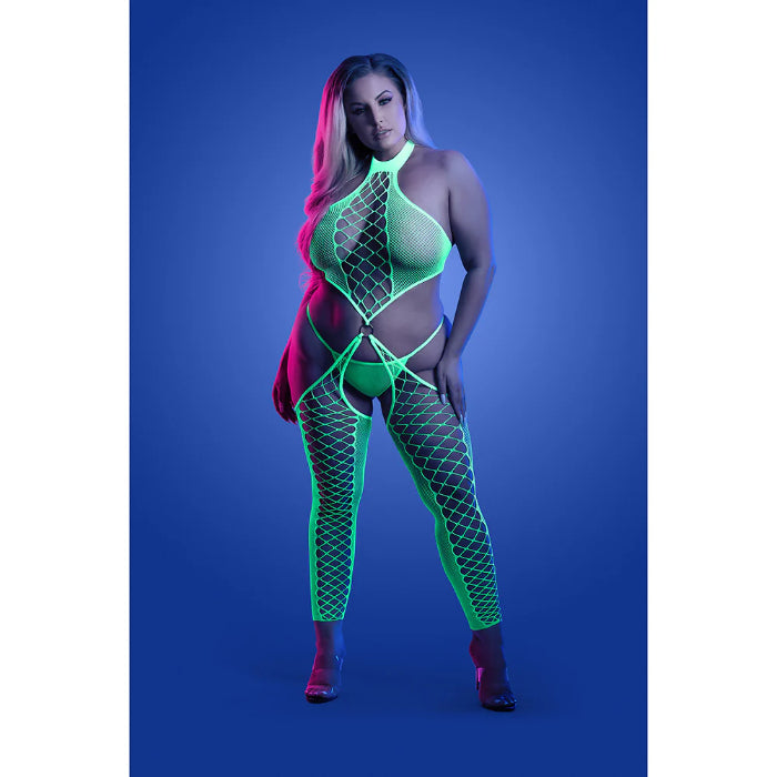Fantasy Lingerie Glow High Voltage UV Reactive High Neck Bodystocking & G-String Panty