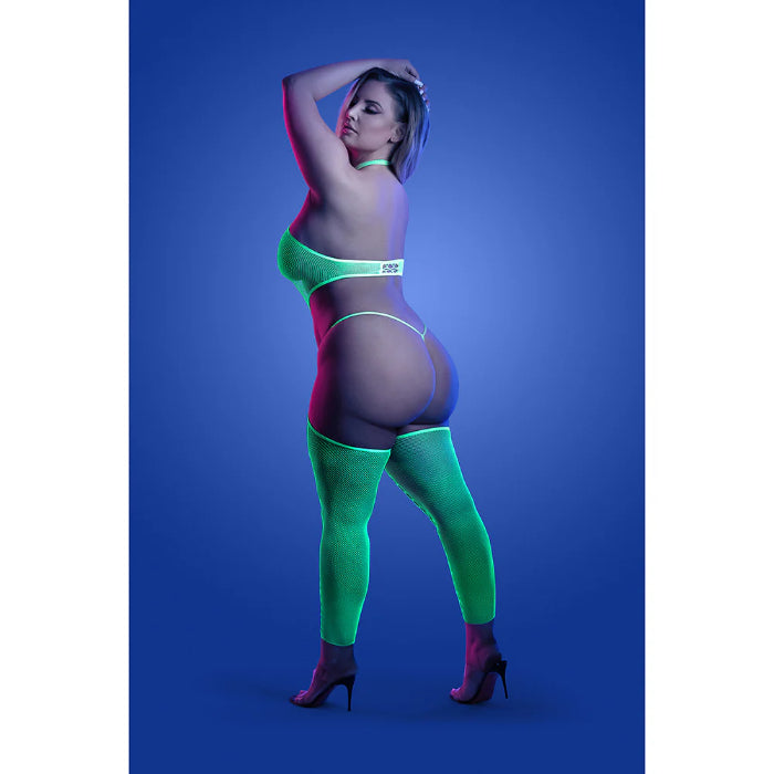 Fantasy Lingerie Glow High Voltage UV Reactive High Neck Bodystocking & G-String Panty
