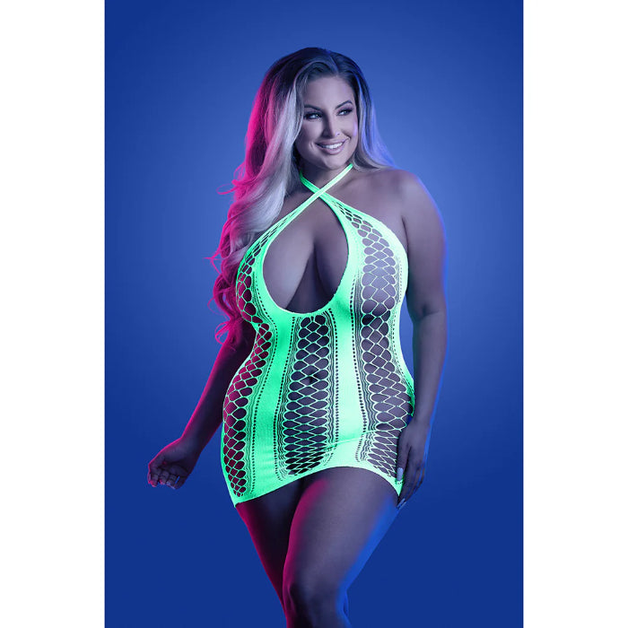 Fantasy Lingerie Glow Synthesize UV Reactive Seamless Keyhole Dress And G-String Panty Set