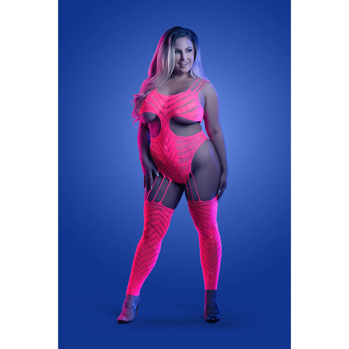 Fantasy Lingerie Glow Wavelength UV Reactive Rhinestone Fishnet Cut-Out Teddy Bodystocking