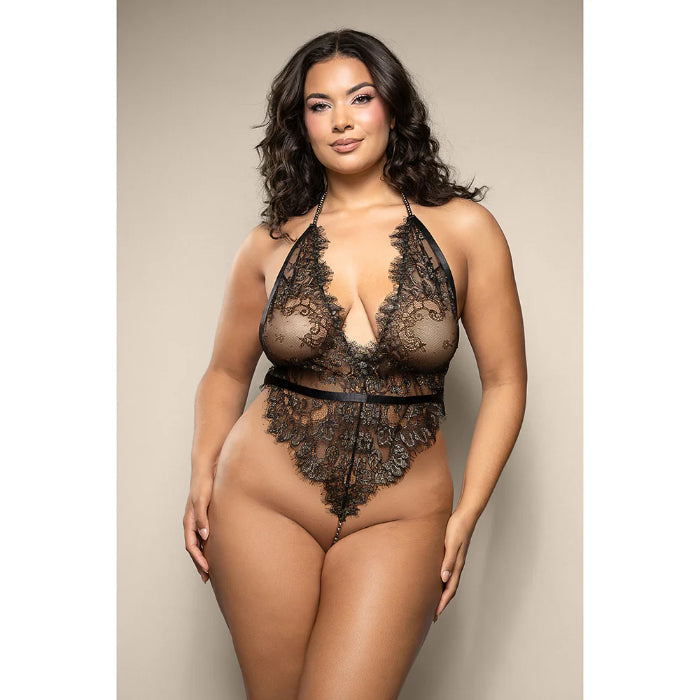 Fantasy Lingerie Opulence Shimmer Lace Pearl Halter Teddy with Open Back & Pearl String Crotch