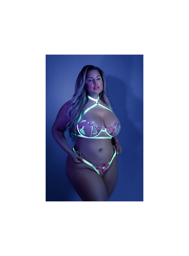 Glow Blacklight Reflective In A Trance Embroidered Bra, Garter Belt and G-string Neon Green Set