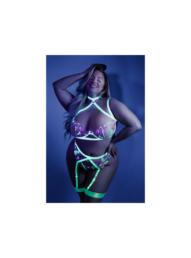 Glow Blacklight Reflective In A Trance Embroidered Bra, Garter Belt and G-string Neon Green Set