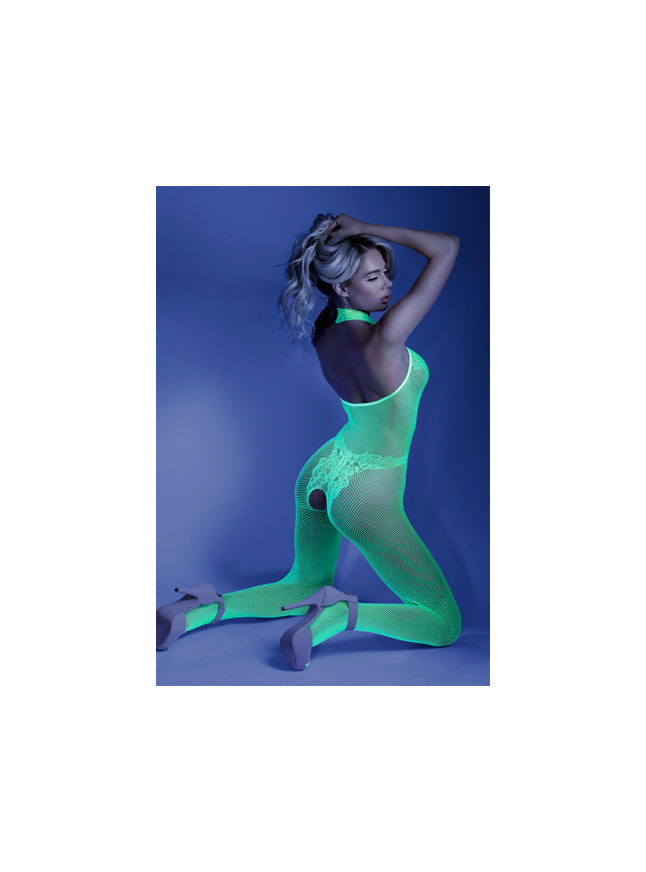 Glow Blacklight Reflective Moonbeam Crotchless Neon Green Bodystocking