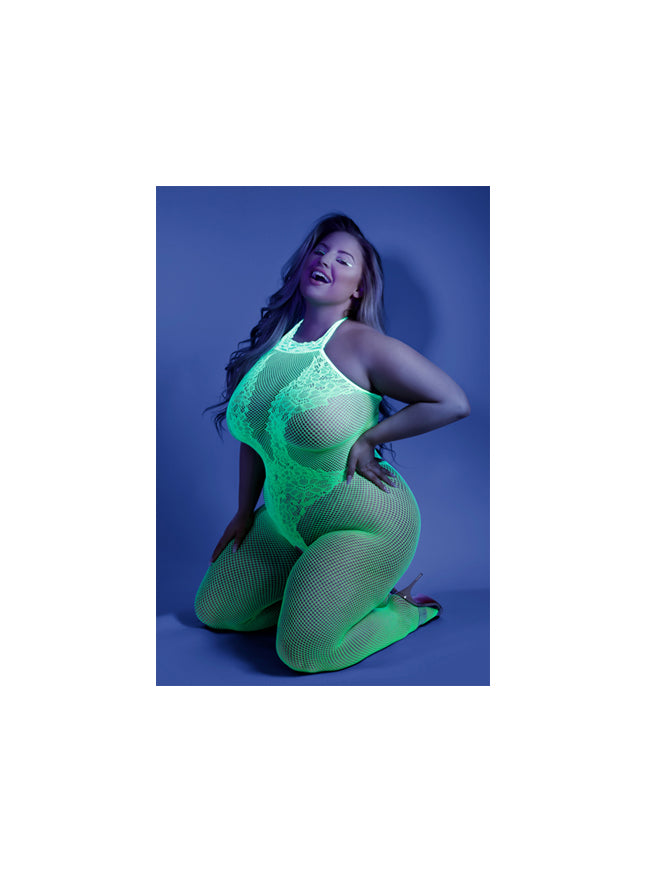 Glow Blacklight Reflective Moonbeam Crotchless Neon Green Bodystocking