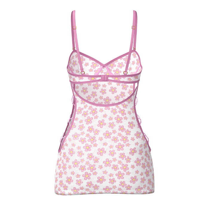 Magic Silk Blacklight Responsive Daisy Print Dress & Tanga Panty Lingerie Set