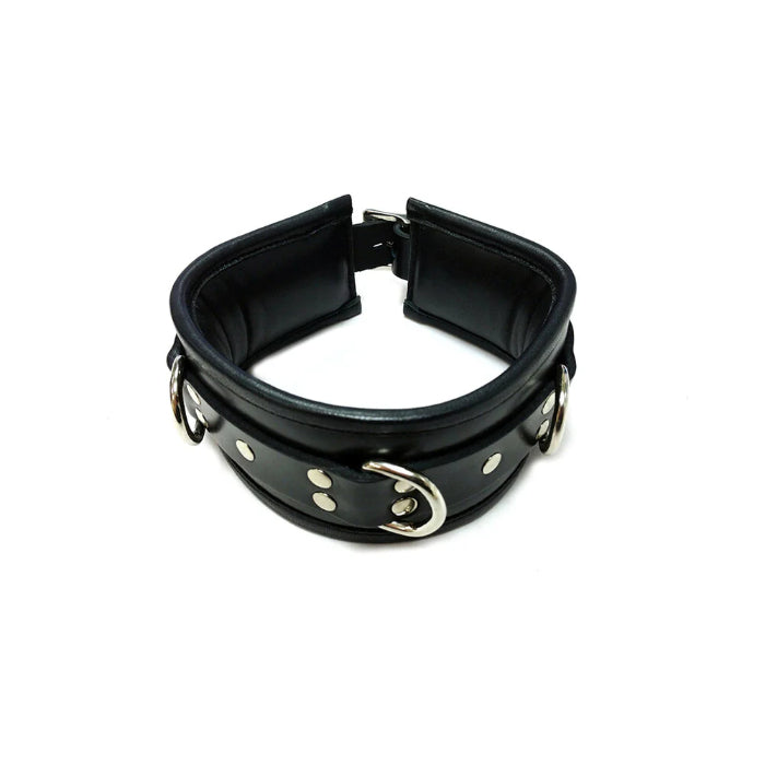 Rouge Leather Lockable Padded Collar With D Rings For Bondage Attachments
