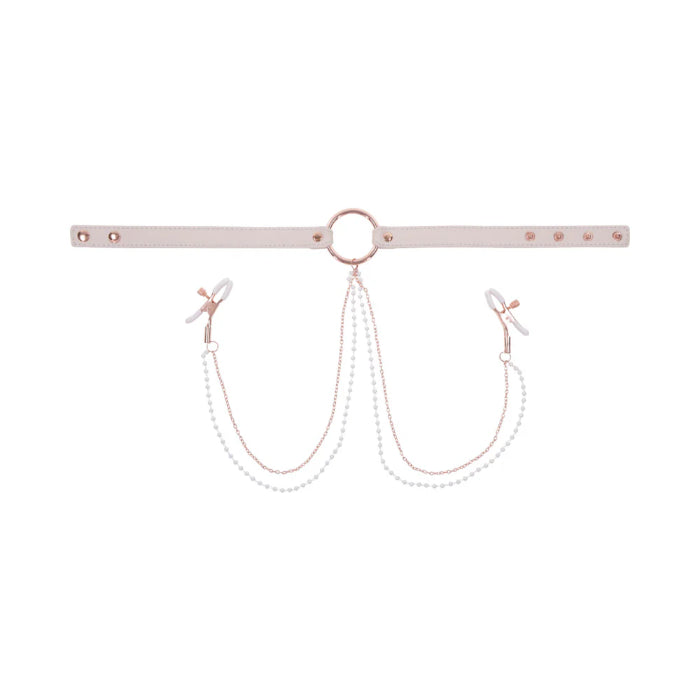 Sportsheets Sex & Mischief Peaches 'n CreaMe Collar with Adjustable Tension Nipple Clamps And Pearl Detail