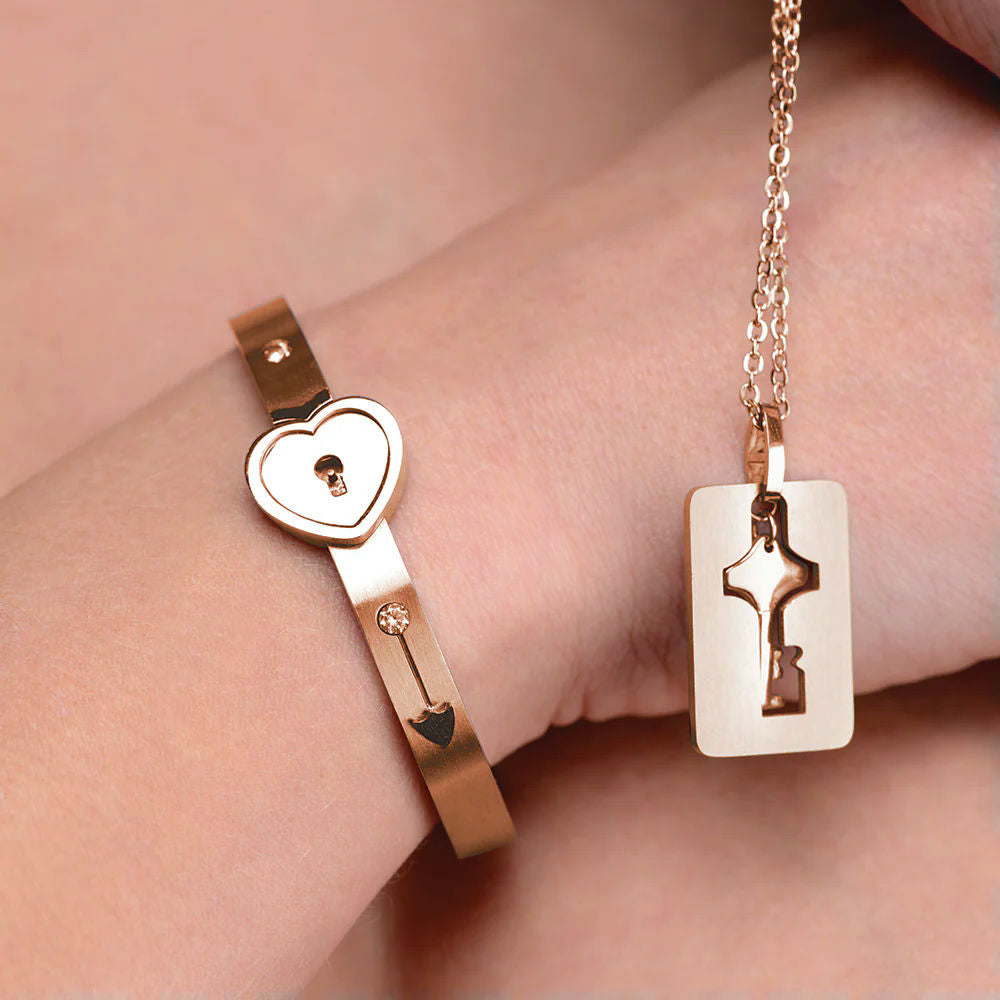 XR Brands Master Series Cuffed Rose Gold Locking Bracelet & Key Necklace