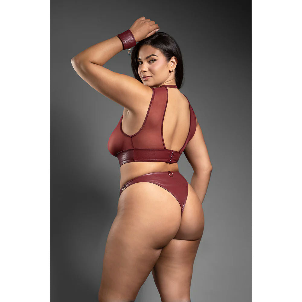 Fantasy Lingerie Domina Embossed Faux Leather Cut-Out Top & Crotchless Panty with Handcuffs