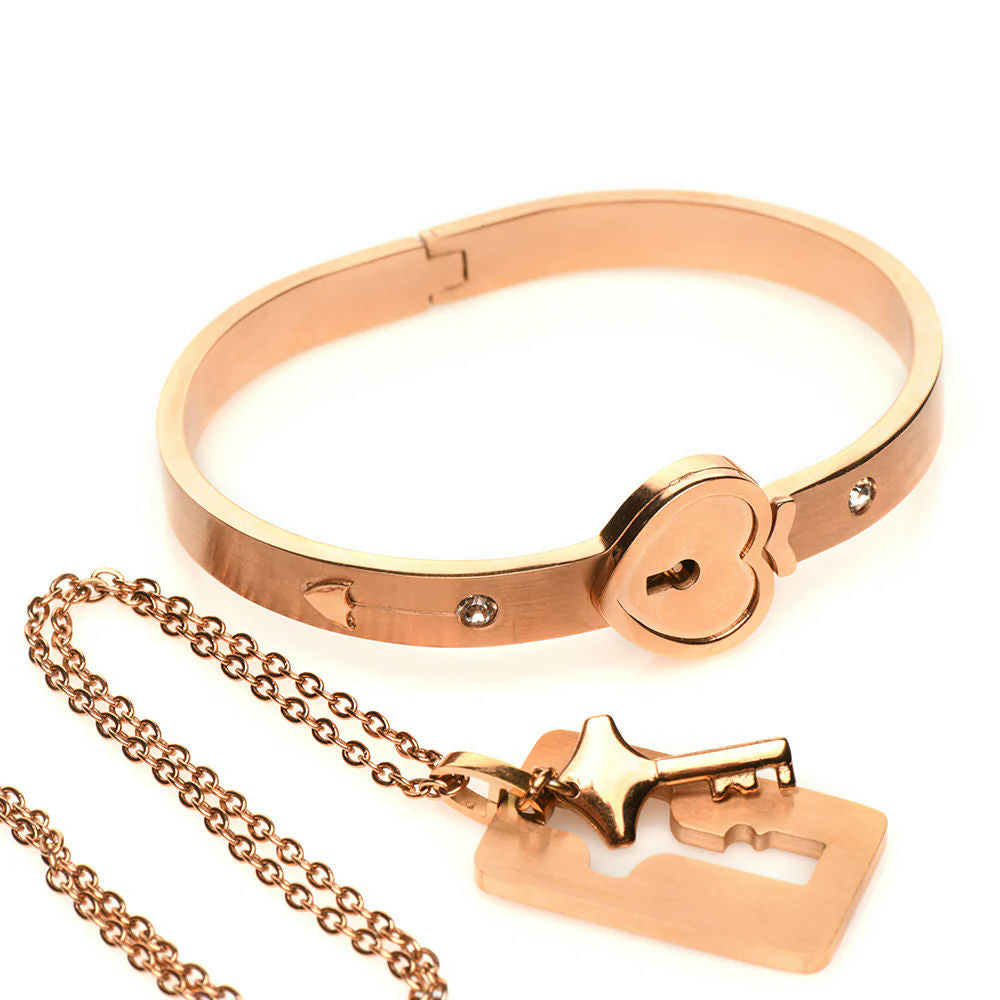 XR Brands Master Series Cuffed Rose Gold Locking Bracelet & Key Necklace