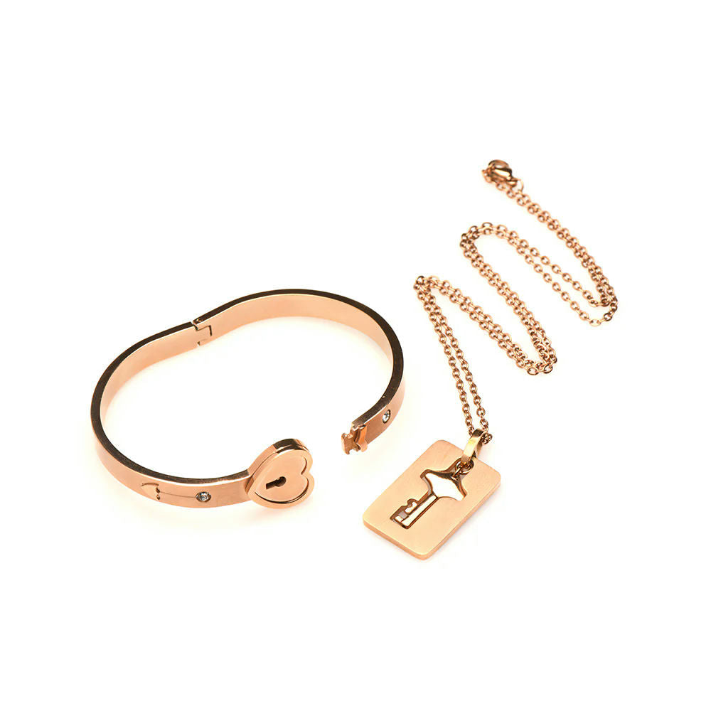 XR Brands Master Series Cuffed Rose Gold Locking Bracelet & Key Necklace