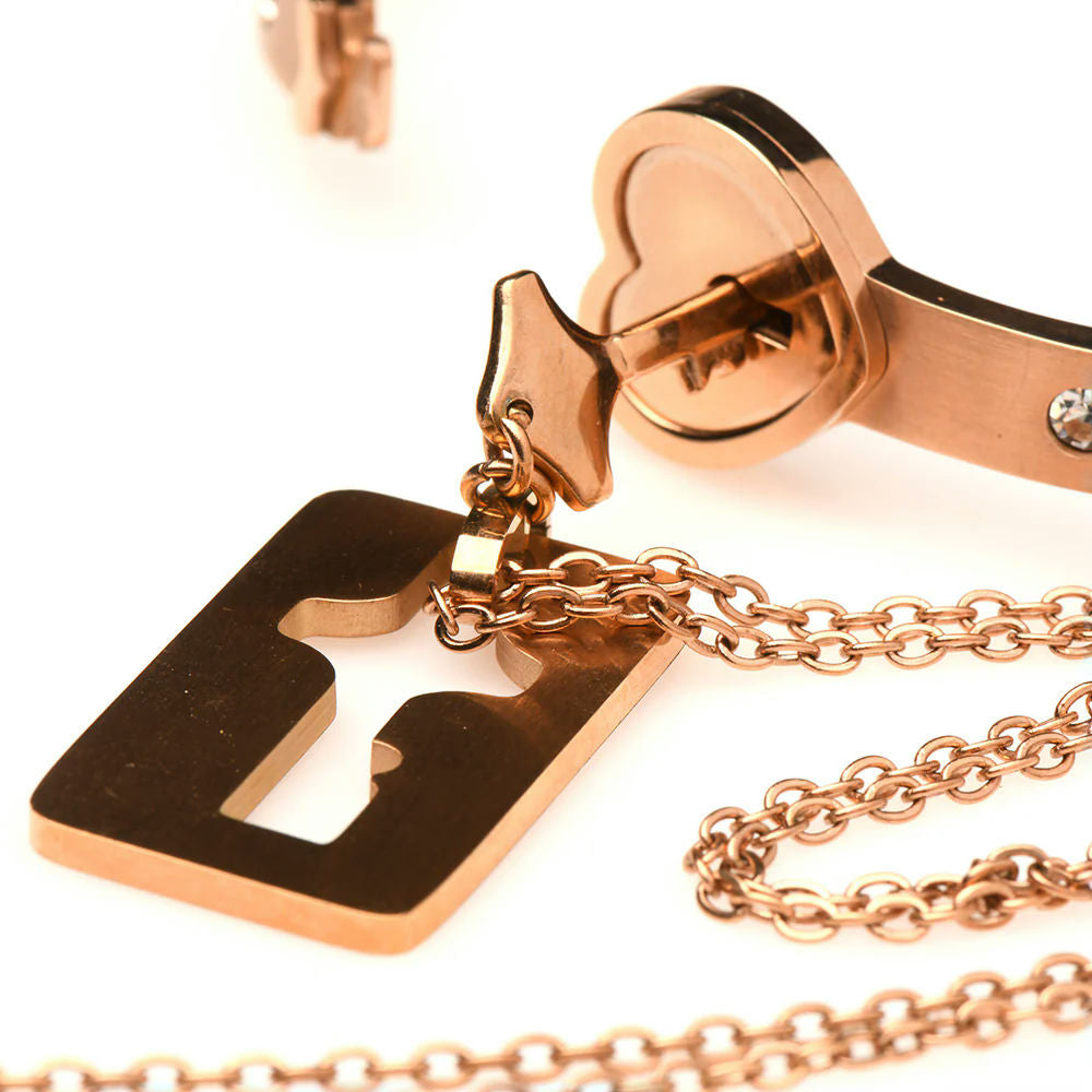 XR Brands Master Series Cuffed Rose Gold Locking Bracelet & Key Necklace