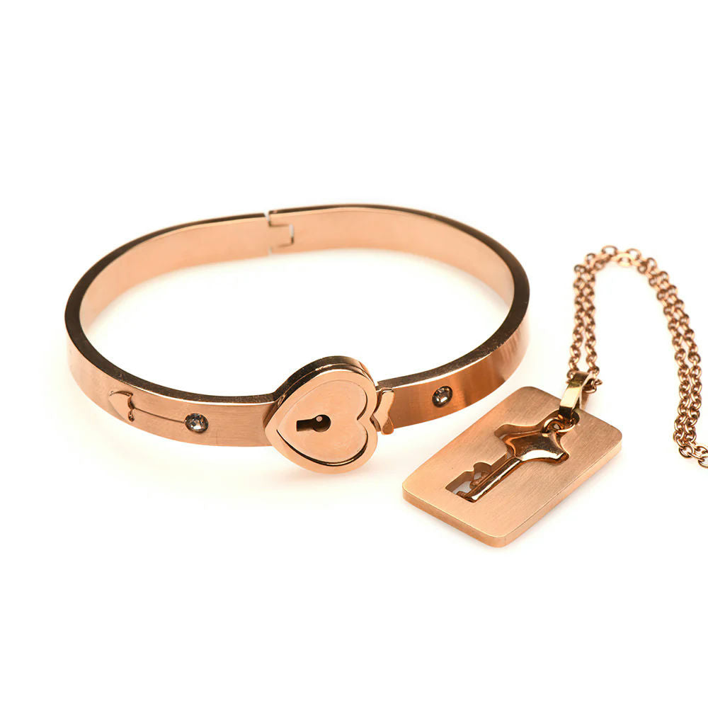 XR Brands Master Series Cuffed Rose Gold Locking Bracelet & Key Necklace