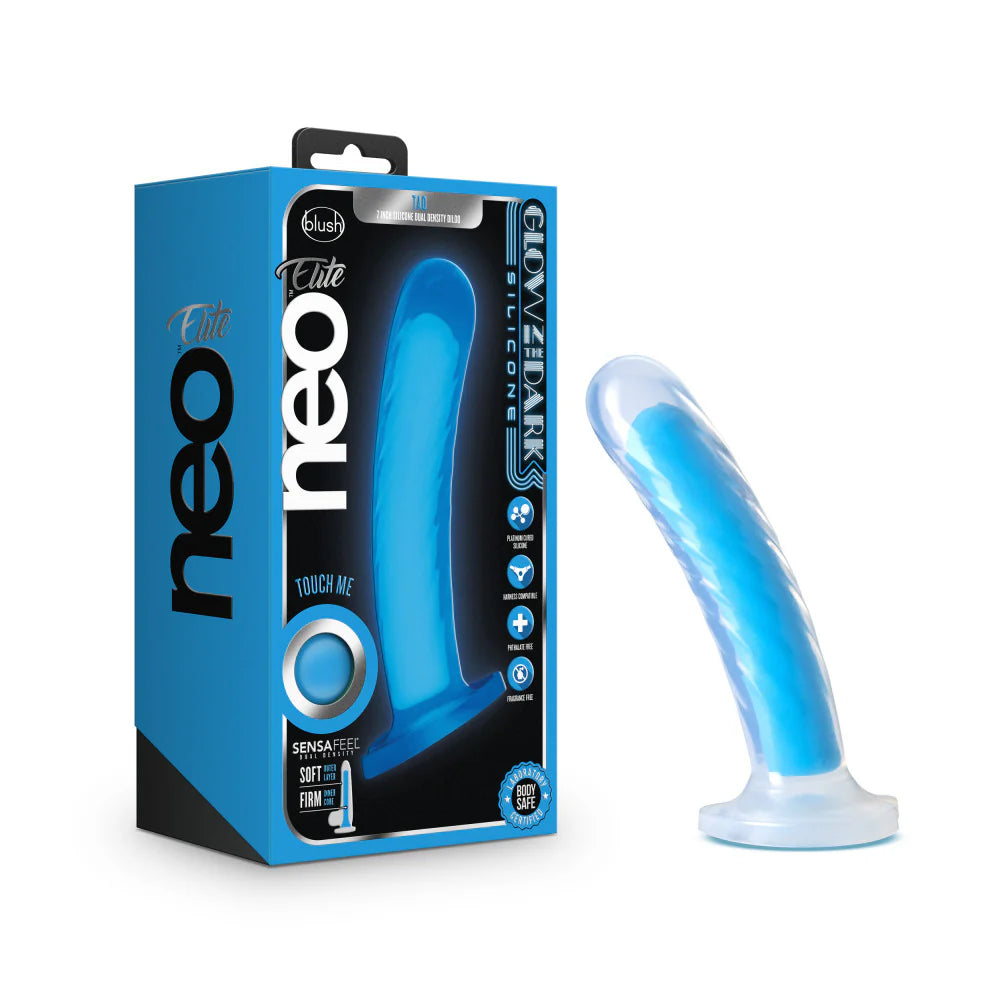 Blush Neo Elite Blue Glow-in-the-Dark Tao 7 Inch Silicone Dildo