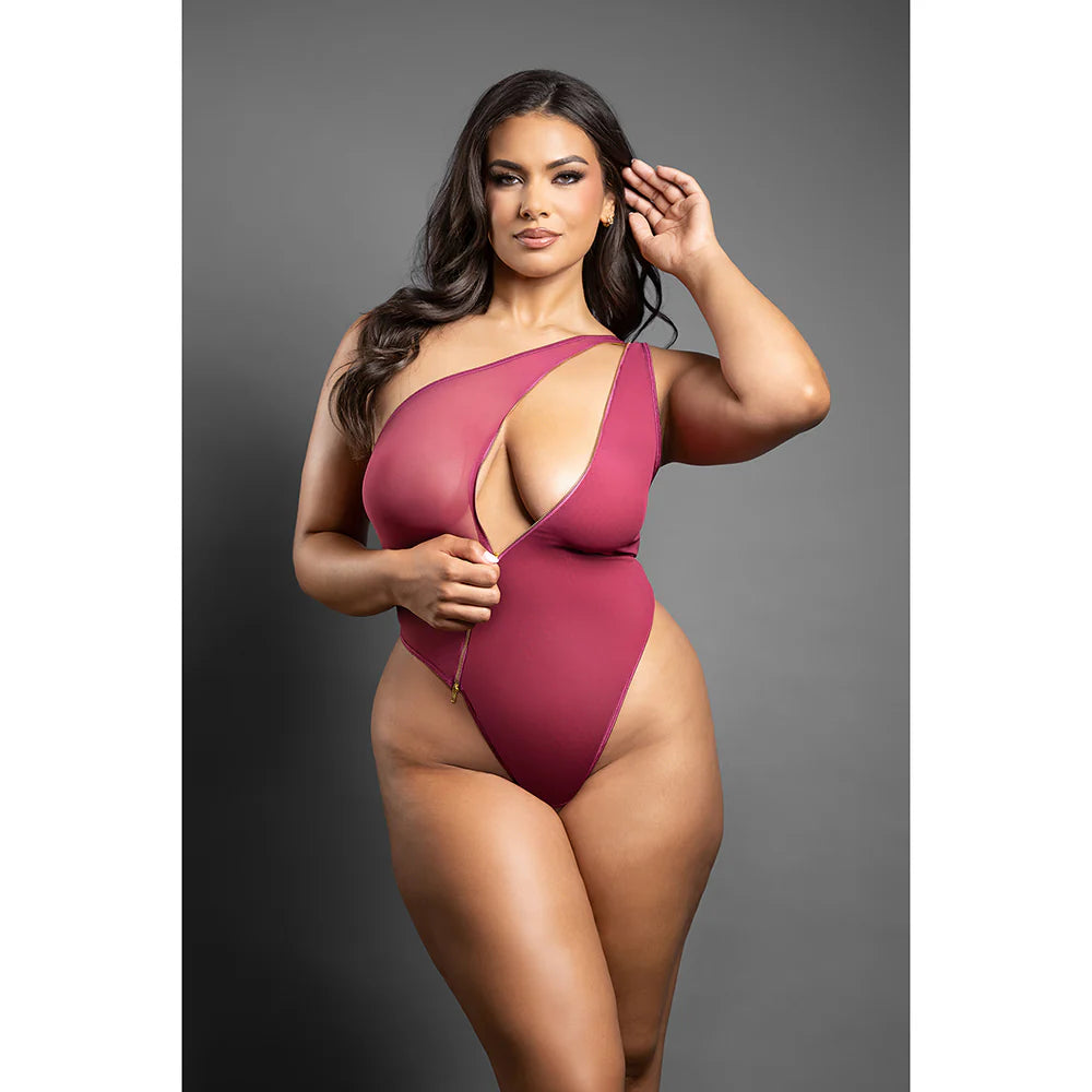 Fantasy Lingerie Domina Crotchless One-Shoulder Teddy with Asymmetrical Front Zipper