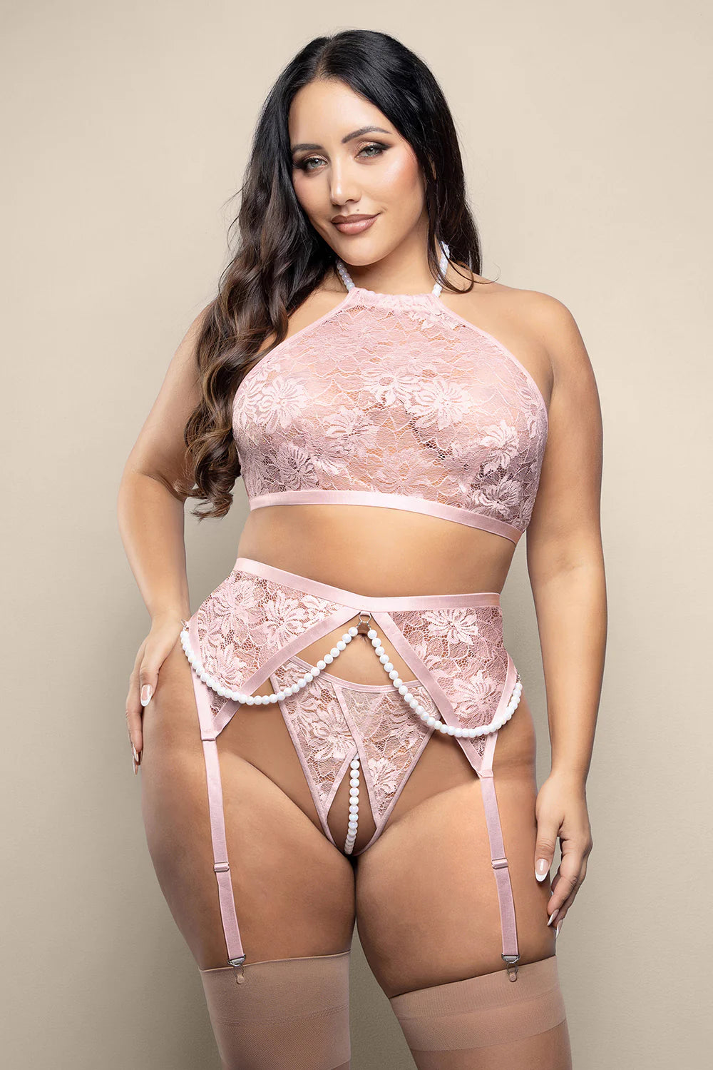 Fantasy Lingerie Opulence Pearl Halter Bralette, Garter Belt & Crotchless Pearl G-String