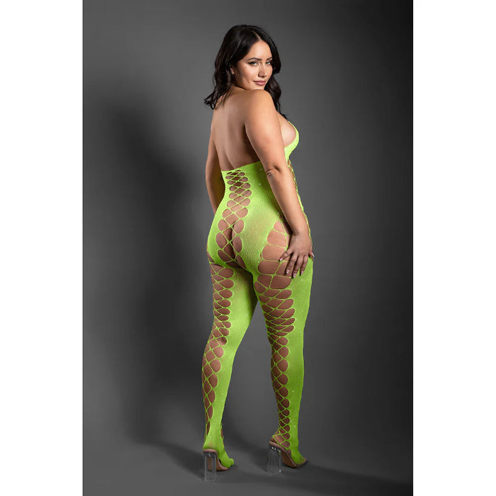 Fantasy Lingerie Sheer Unstoppable Crotchless Rhinestone Knit Halter Bodystocking