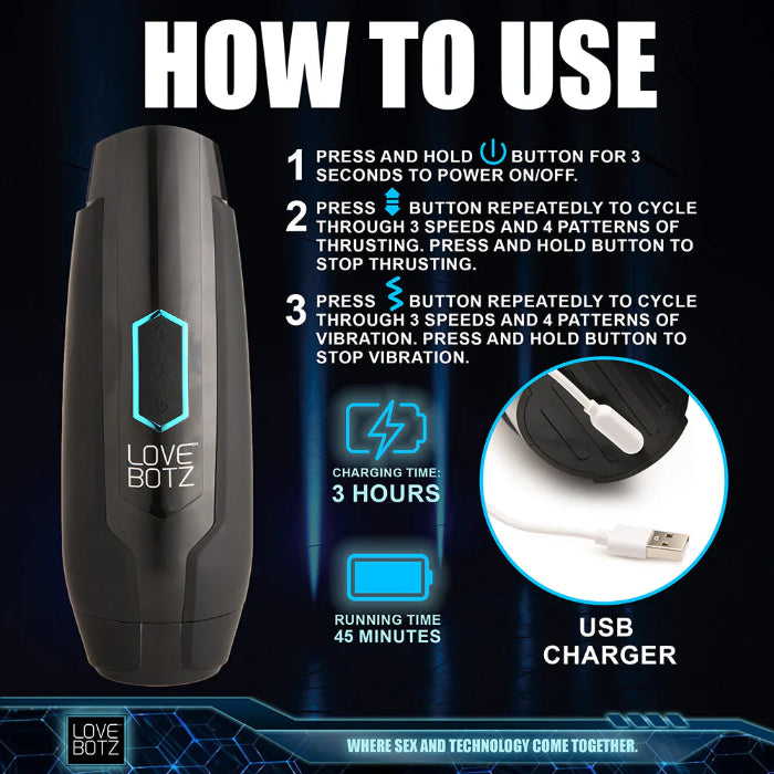 LoveBotz The Milker Max 14X Rechargeable Thrusting & Vibrating Textured Masturbator