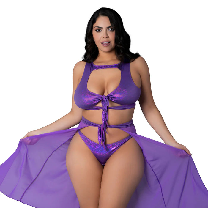 Magic Silk Disco Glimmer High Neck Crop Top, Flowy Skirt & Tanga Set