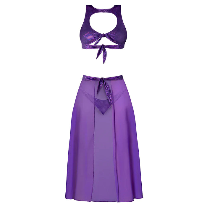Magic Silk Disco Glimmer High Neck Crop Top, Flowy Skirt & Tanga Set